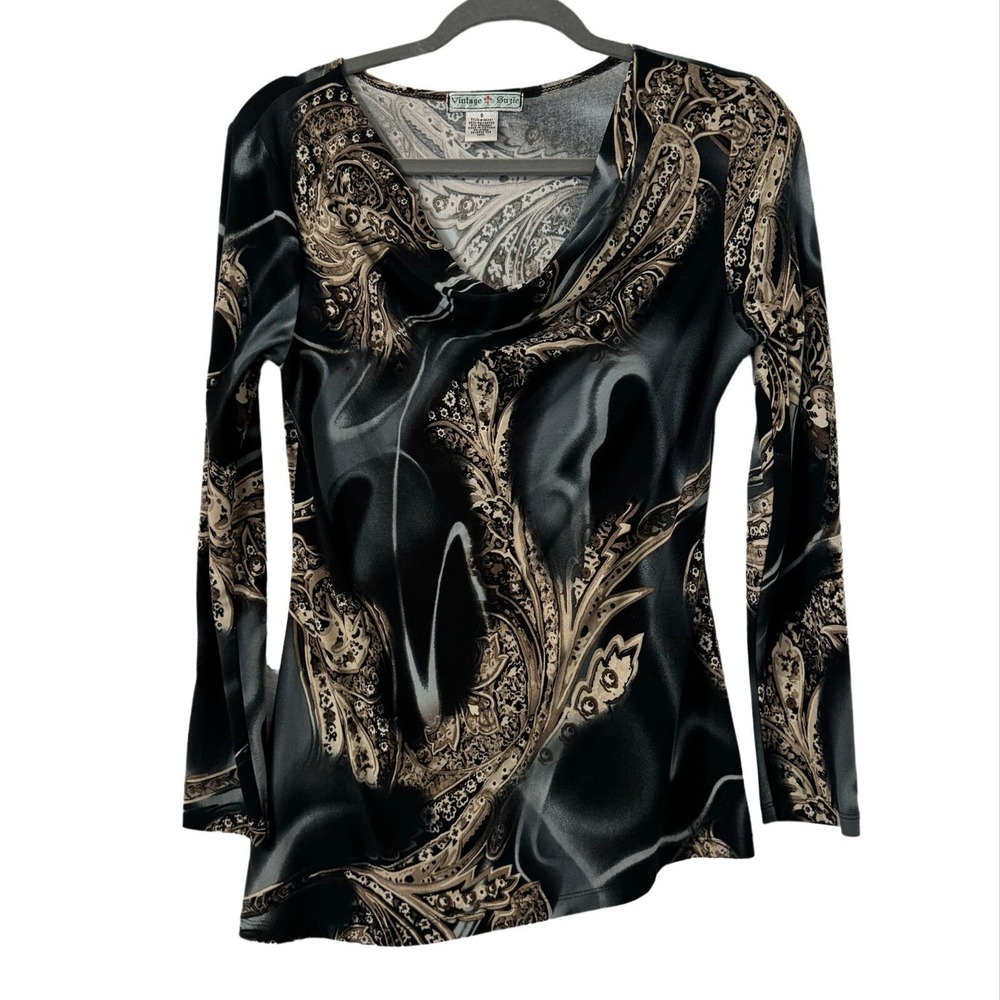 Vintage Suzie Women Black Paisley Cowl Neck Asymmetrical Top S Y2K Fairy Grunge